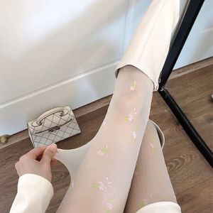 Floral Pattern Pantyhose Milky White Thin Transparent Women's Stockings Four Seasons Wear - Product Image 3