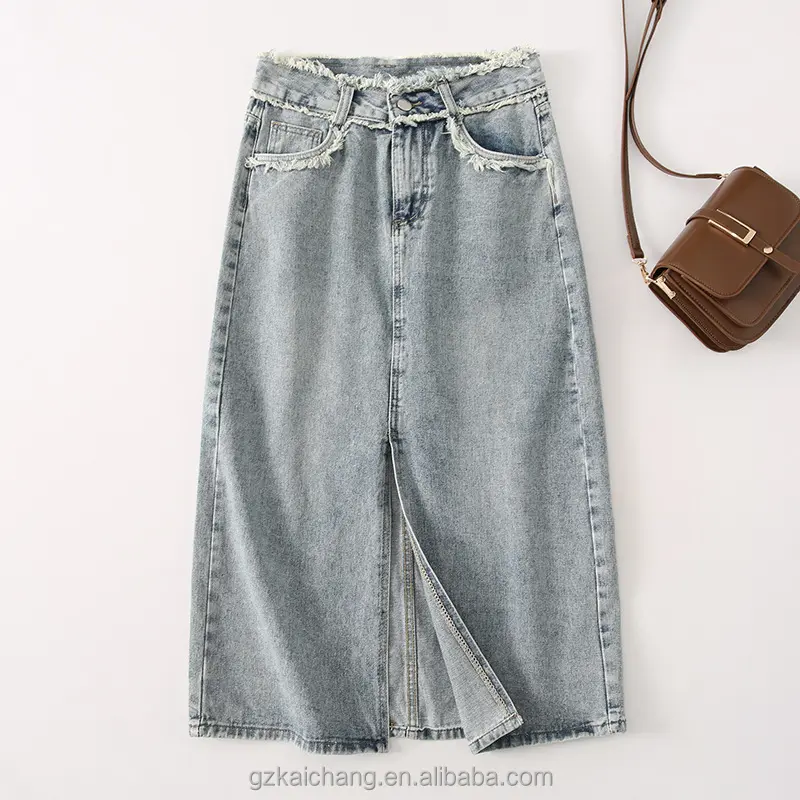 Women Clothing Vintage High Waist Frayed Hem Midi Length Skirt Casual Bleach Denim Light Weight Skirt