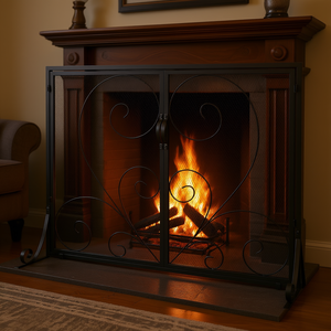 Paravent de cheminée en fer 39 po x 31,6 po, noir vintage, traditionnel, autoportant, protection anti-étincelles pour salon - Product Image 2