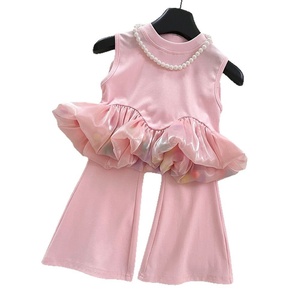 Nuevas niñas Casual sin mangas sólido estambre chaleco conjunto de dos piezas verano nueva moda pantalones acampanados elásticos de moda - Product Image 5