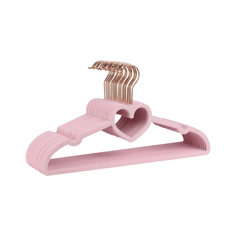 Pink heart flocking plastic hanger luxury space saving velvet coat hanger for clothing