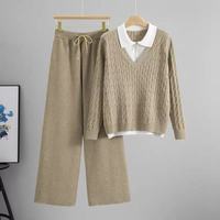 Ensemble tricoté ample automne-hiver pour femme : haut patchwork à col polo et demi-zip, pantalon large à cordon de serrage – Tenue décontractée pour la maison et le quotidien
