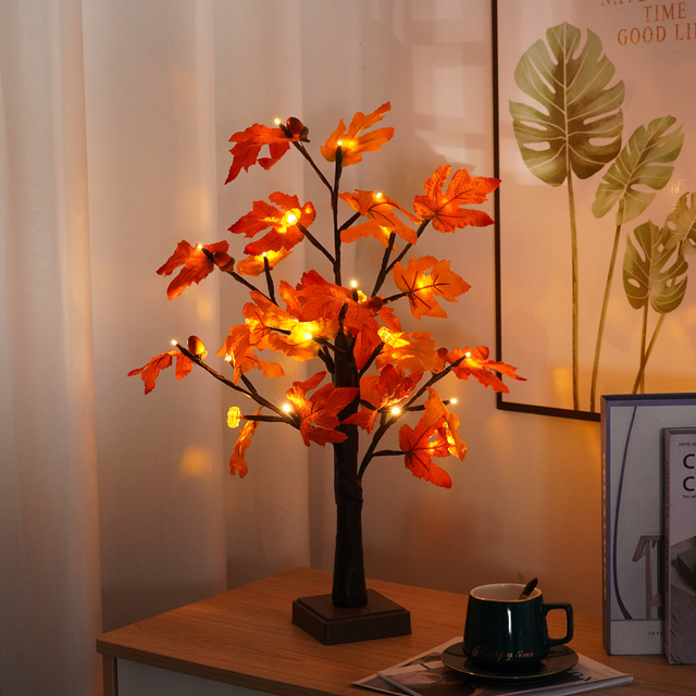 LED Artificial Bonsai Tree Lamp with Battery and USB Operated Light-Up Maple Leaf Decor for Christmas and Thanksgiving