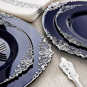 牢不可破的海军蓝婚礼塑料板套装一次性派对用品套装，配有优雅的派对装饰餐具 - Product Image 6