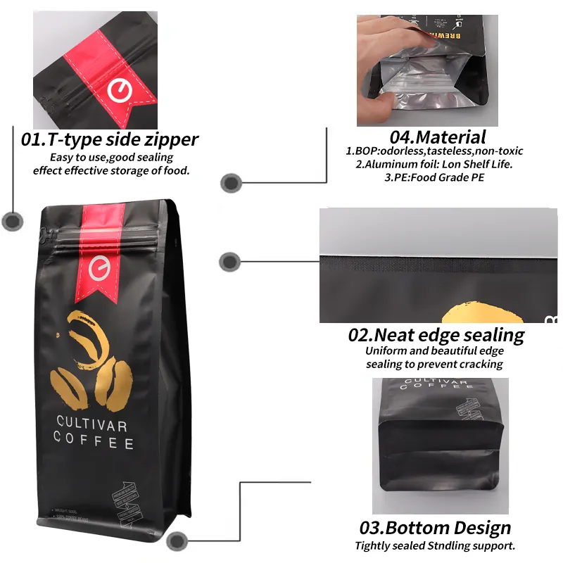 Kustom Pla Biodegradable sisi Gusset kemasan kacang bawah datar 100g 150 G 250g 500g 1kg kantong kopi dengan katup dan ritsleting