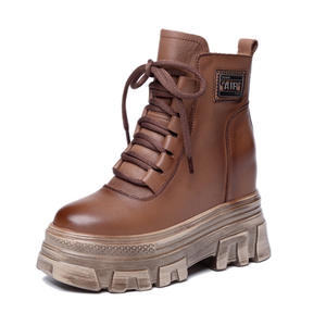Cuero genuino para botas <span class=keywords><strong>Mujer</strong></span> Otoño Invierno Nueva plataforma de aumento de altura pequeña Tacón de cuña Cremallera Suelas gruesas Super - Product Image 6