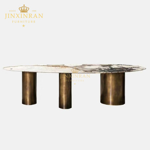 Tavolo da Pranzo Ovale di Lusso con Piano in Marmo Artificiale e Base in Acciaio Inossidabile Bronzo Anticato per Arredamento Hotel e Villa - Product Image 3