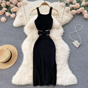 YuooMuoo femmes été droite Sexy coupe taille paquet hanches fendu robe moulante tricoté fête Vestidos robe d'été à la mode - Product Image 5