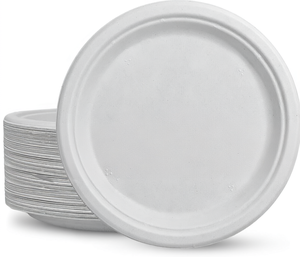 Assiettes jetables robustes en bagasse, rondes, compostables, biodégradables, micro-ondables, écologiques, pour la restauration à emporter - Product Image 1