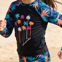 Ensemble de protection UV UPF50+ personnalisé pour enfants, motif floral palmier, manches longues, extensible, avec logo, idéal pour les vacances à la plage