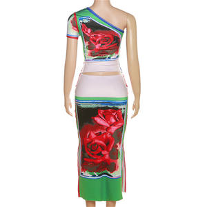 Zhezhe Nieuw Ontwerp Sexy Bloemenprint Bodycon Één Schouder Crop Top Hoge Taille Slanke Lange Rok 2 Delige Set Dames Zomer - Product Image 3