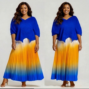 Dégradé femmes nouvel ensemble à manches courtes col en V hauts et jupes longues plissées costume rue deux 2 pièces robe ensemble tenues africaines - Product Image 5