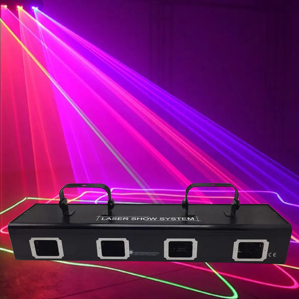 चार सिर लेजर प्रकाश पूर्ण रंग एनीमेशन लेजर ध्वनि नियंत्रण स्व-चलना चरण प्रकाश