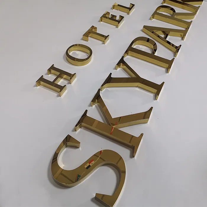 Letrero de letras de canal de Metal para Hotel, personalizado, precio bajo, 3D, Color dorado