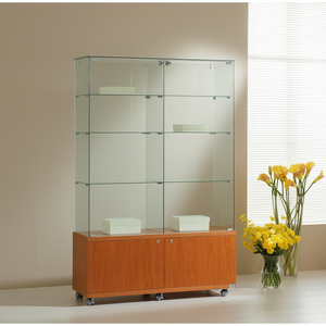 Vitrine moderne en verre 120x40x180 cm avec base en bois de cerisier, portes et étagères verrouillables pour rangement dans le salon - Product Image 3