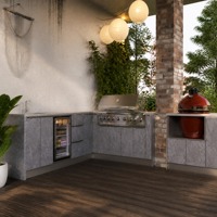 Cuisine extérieure grise, îlot barbecue, meubles modulaires en acier inoxydable résistant aux intempéries, cuisinière en marbre, en forme de L, avec évier