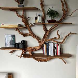Étagère murale <span class=keywords><strong>en</strong></span> bois massif à bord brut, style arbre, pour bureau à domicile, étagères invisibles <span class=keywords><strong>en</strong></span> bois d'arbre - Product Image 1