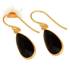 Black Onyx Gemstone <b>Earring</b> Drop Designer Gold Plated Silver <b>Earring</b> Jewelry Supplier <b>Hook</b> <b>Earrings</b> - Product Image 2