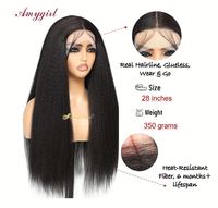 Peluca frontal de encaje sintético de fibra de alta temperatura Yaki Kinky Liso de 28 pulgadas, 13x4, transparente, sin pegamento, 250% de densidad, al por mayor