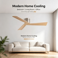 Ventilateur de plafond 52 pouces en ABS couleur grain de bois, le plus populaire en France, BLDC silencieux, pour plafonds bas, 3 pales, avec lumière, télécommande et application, pour extérieur