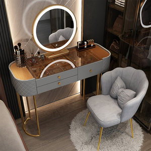 <strong>White</strong> Wooden King Size <strong>Bedroom</strong> Set with Side Cabinet Smart Makeup Mirror 3 Glass <strong>Drawers</strong> Wardrobe Dressing Table-Modern Design - Product Image 2