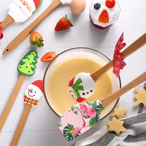 Grattoir à pâte pour décoration de noël avec manche en bois, spatule en Silicone, père noël, bonhomme de neige