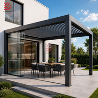 Pergola extérieure avec structure en aluminium et toit en métal, pavillon de patio en aluminium avec rideaux et moustiquaire