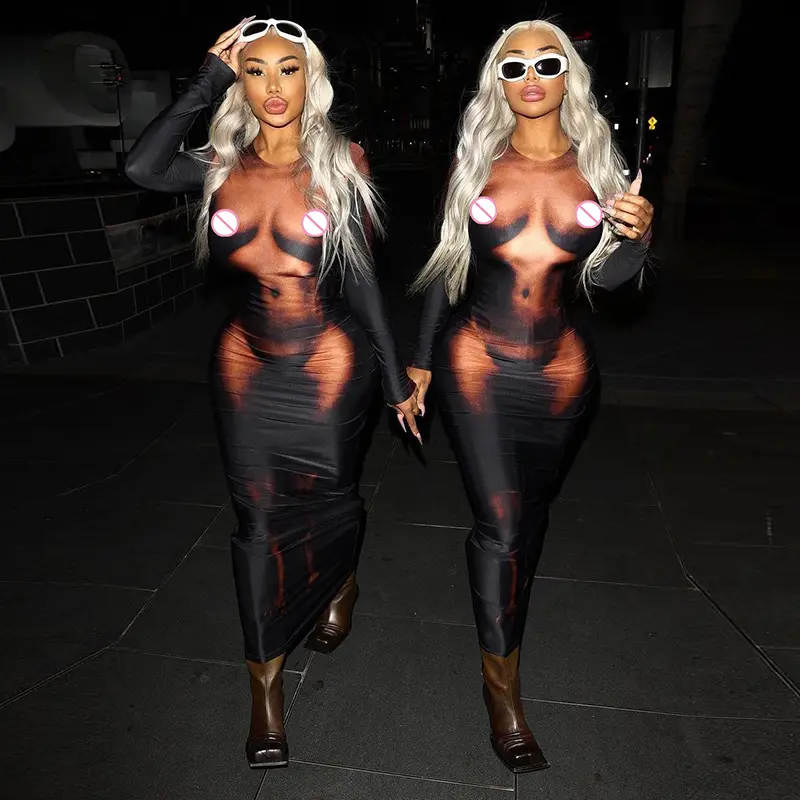 New Arrival 2022 Fall Trend 2 Color Sexy Full Long Sleeve Printed Lady Clothes Long Dress Casual Women Bodycon Maxi Dresses 