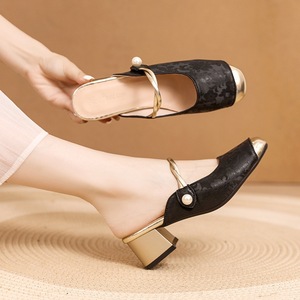 Elegantes Sandalias Negras de Tacón Cuadrado con Decoración de Perlas, Tacón de Bloque, Sin Cordones, Zapatos de Mujer - Product Image 1
