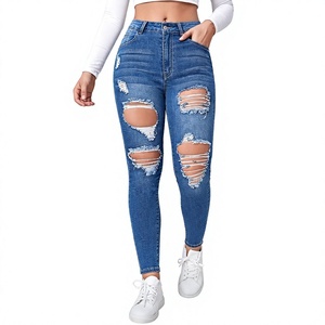 Jean déchiré décontracté en denim bleu grande taille de qualité supérieure, coupe skinny longue et ajustée, extensible avec fermeture éclair, pour femme, exporté du Bangladesh - Product Image 1