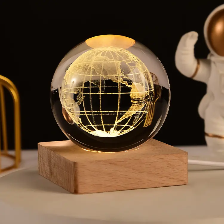 3D внутренний резной небольшой ночной Светильник, солнечная система, планета, сфера, лазерный хрустальный шар с деревянной основой, светодиодный ночник