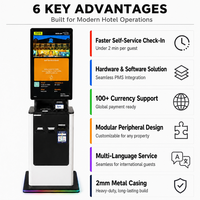Terminal de paiement en espèces pour l'enregistrement en libre-service dans les hôtels, écran tactile, distributeur de cartes RFID, lecteur de passeport, compatible avec les systèmes de gestion hôtelière (PMS)