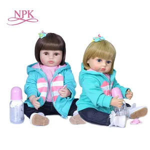 NPK 55cm short hair girls gift soft full body silicone doll newborn babydoll flexible two colors hair baby green coat doll