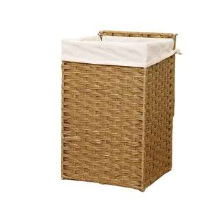 Foldable Plastic Rattan Storage Baskets With Laundry Basket For Clothes With Lid And Removable Washable Liner Bag