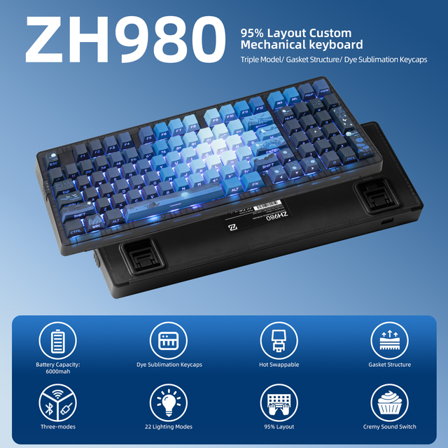 Zornher ZH980 Sea Moon High - Perf Wireless Mechanical Keyboard Programmable RGB Tri - Mode Hot-swappable  for Esports & Office