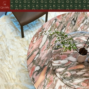 Mesa Redonda Giratoria de Mármol Rosa con Vetas Naranjas para Comedor de Villa de Lujo, Pedestal Híbrido de Mármol y Madera, OEM ODM - Product Image 4