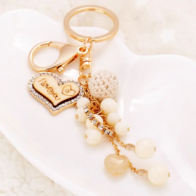 Dainty Acrylic Beads Metal Letter I Love You Heart Key Ring Wooden Love Heart Keychain For Couple Gift
