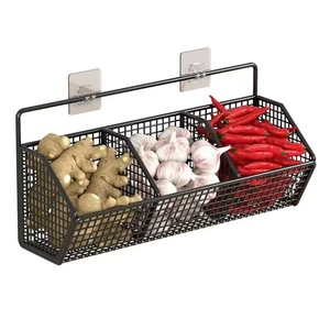 Wall Mounted Spice Basket For Garlic Ginger Chili <b>Kitchen</b> <b>Storage</b> <b>Rack</b> With 3 Compartments Easy Installation No Tools Needed - Product Image 1