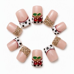 Uñas Postizas Cuadradas Estilo Francés, Uñas de ABS con Diseño de Cerezas y Diamantes de Imitación, Cobertura Completa para Dedos - Product Image 4