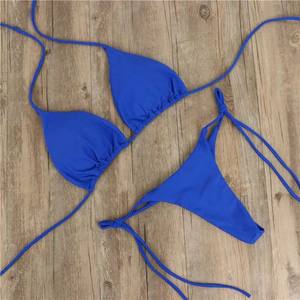 Conjunto de Bikini de Color Sólido con Cuello Halter, Traje de Baño Triangular con Cordones, Micro Tanga Push-Up, Ropa de Playa, Lencería Sexy - Product Image 3
