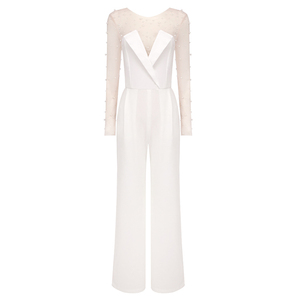 Vernalux 2026 Elegante y Sofisticado <span class=keywords><strong>Mono</strong></span> con Perlas, <span class=keywords><strong>Blazer</strong></span> con Cuello en V, Mangas de Malla Transparente, Espalda Abierta, Pantalones Anchos con Cinturón - Product Image 2