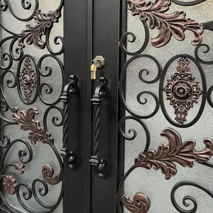 लोकप्रिय शैली सुरक्षा मुख्य दरवाजा प्रवेश द्वार गेट लोहे सुरक्षा सामने स्टील डबल प्रवेश द्वार गढ़ा लोहे के दरवाजे