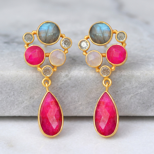 Boucles d'oreilles clous en argent sterling 925 plaqué or, multi-pierres taille poire, faites à la main, cadeau d'anniversaire, bijoux fins - Product Image 2