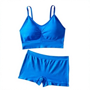 <b>Blue</b> Two Piece Yoga Set Women Spaghetti Strap Sports <b>Bra</b> And Shorts Seamless Solid Color Mid Waist Elastic Waist Workout Wear - Product Image 1