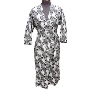 Bata Larga con Cuello en V para Mujer, Estampado Floral, Manga Larga, Ropa Casual, 100% Algodón, Suave, Transpirable, de Secado Rápido, con Cierre de Cinturón - Product Image 1