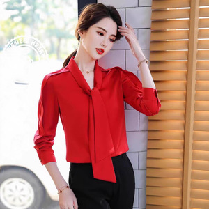 Women's Long Sleeve Shirt Red Solid Color <b>Wrap</b> Tie Office Blouse Polyester Spring Autumn Fashion Top - Product Image 1