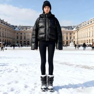 Blouson court en cuir <span class=keywords><strong>noir</strong></span> pour <span class=keywords><strong>femme</strong></span> avec capuche et cordon de serrage - Manteau chaud d'hiver - Product Image 5