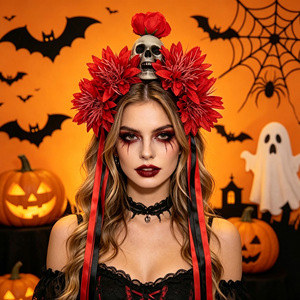 Serre-tête Gothique Tête de Mort Sombre avec Guirlande Florale et Fausses Fleurs pour Halloween, Spectacles, Festivals, Fêtes et Costumes - Product Image 2