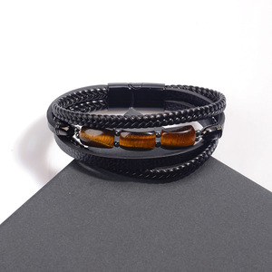 Custom <b>Leather</b> Hand-Woven Multi-Layer <b>Bracelet</b> For Men Tiger Eye Stone Retro Stainless Steel Buckle 7.5 8.5 9 Inches Gift - Product Image 2