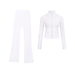 <span class=keywords><strong>2</strong></span> 件套女式瑜伽服立领金色拉链夹克喇叭裤修身透气运动服户外运动服 - Product Image 6